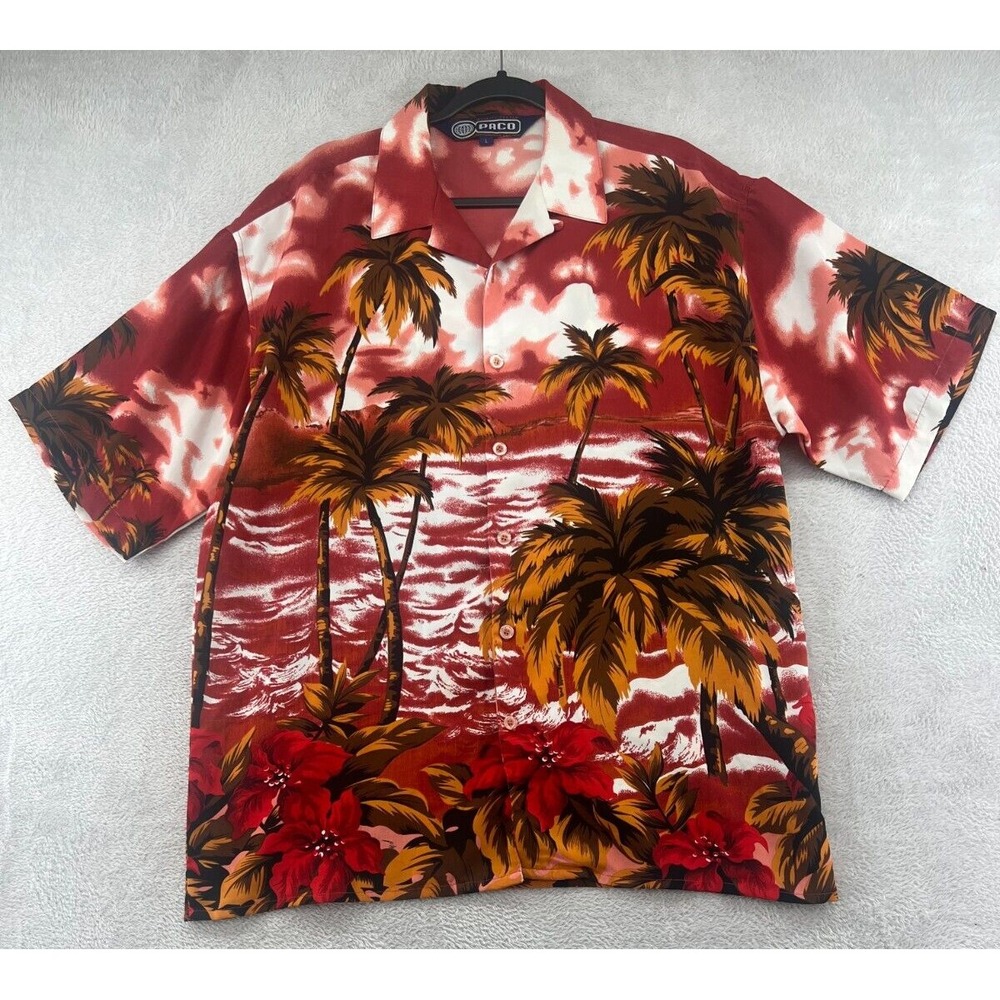 VTG Paco Shirt Mens Large Red Tropical Palm Tree Hibiscus Hawaiian Button Up